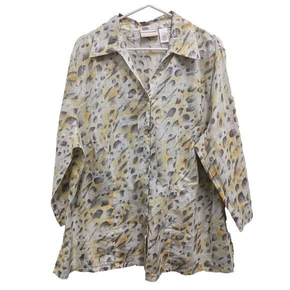 Alfred Dunner Womens Blouse size 20W Gray Yellow Metallic Animal Print Button Up - Picture 1 of 9